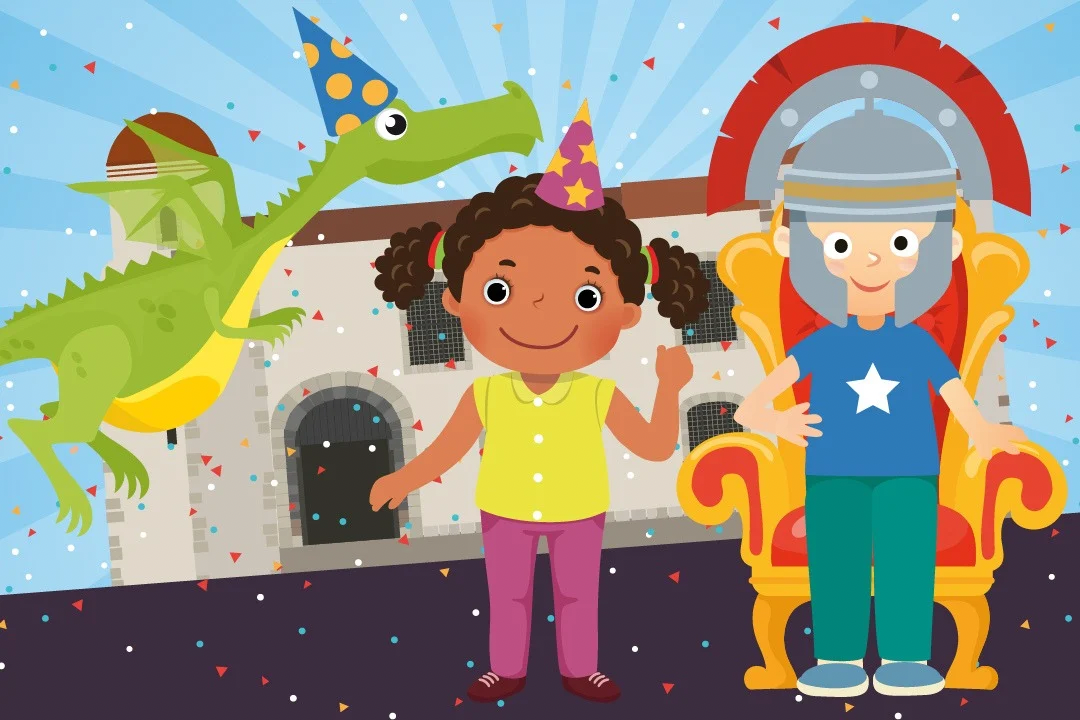 Colourful cartoon illustration featuring a smiling girl in a party hat standing beside a boy dressed as a Roman soldier, seated on a red and gold throne. A green dragon wearing a blue spotted party hat flies nearby. They are positioned in front of a castle-like building with arched doors and windows, surrounded by confetti and a burst of blue rays in the sky, evoking a festive and playful atmosphere.