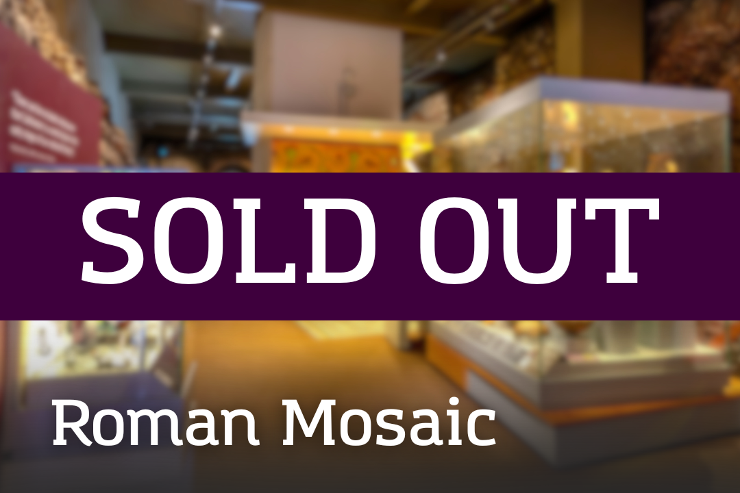 Roman Mosaic SOLD OUT A museum gallery showcasing Roman artefacts and mosaic displays, overlaid with a “SOLD OUT” banner and the label “Roman Mosaic.”